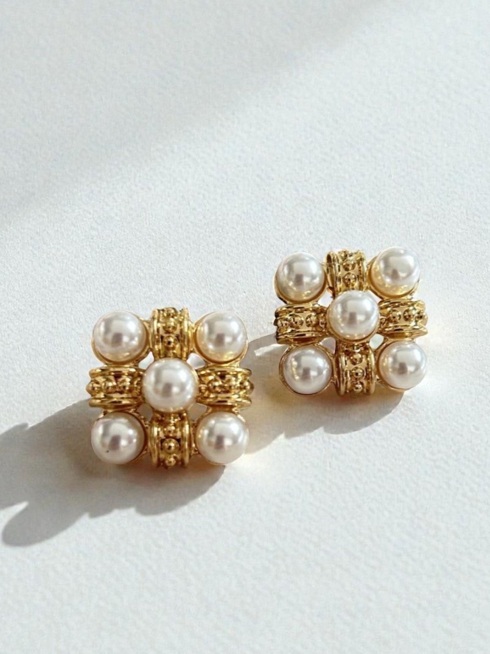 Vintage Gold and White Pearl Cluster Stud Earrings